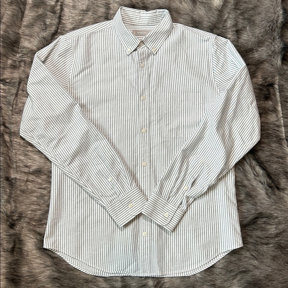 Everlane Uniform Gray White Striped Button Down Slim Fit Oxford Shirt Medium - Picture 1 of 9